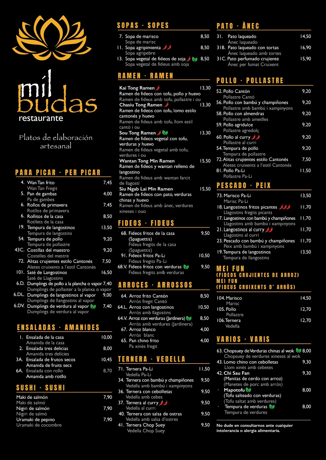Carta completa del restaurante Mil Budas