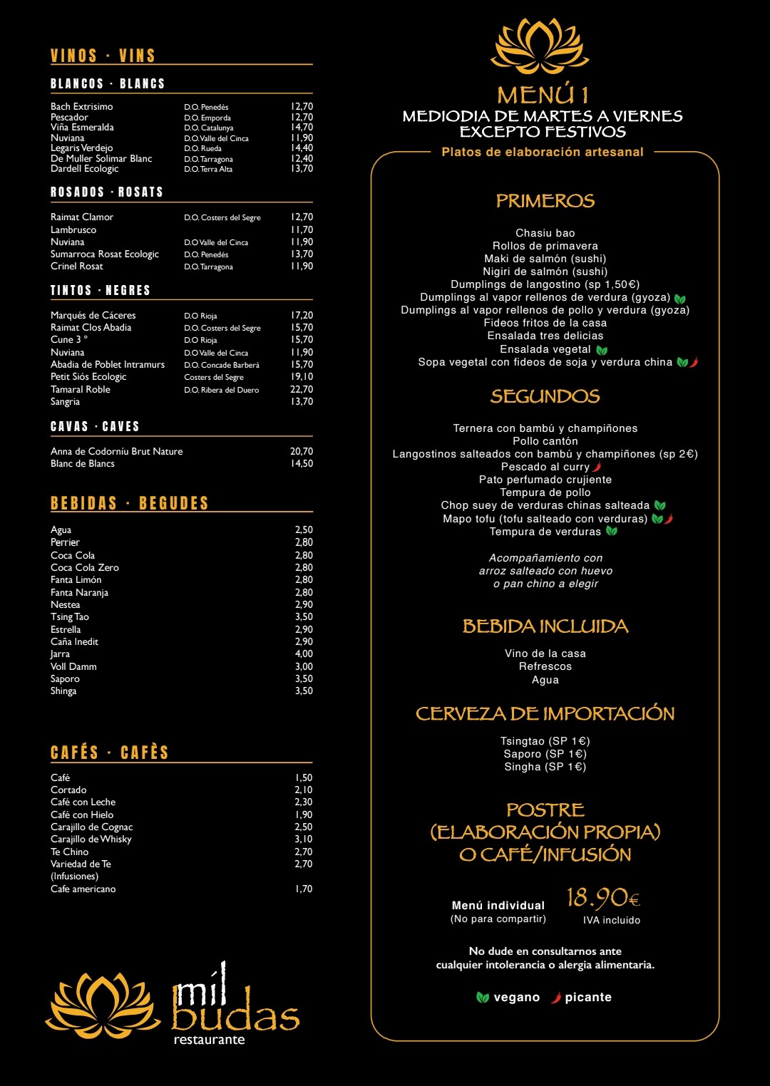 Menú 1 de mediodía del restaurante Mil Budas