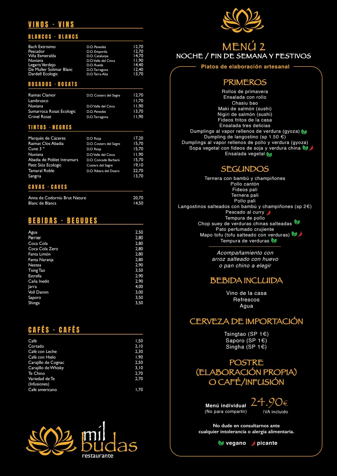 Menú 2 de noche, fin de semana y festivos del restaurante Mil Budas